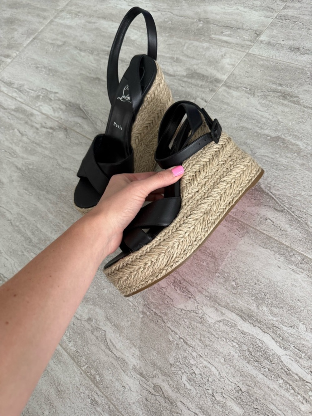 Christian Louboutin Black Leather Espadrille Wedge Sandals - Picture 3 of 13